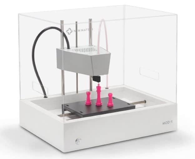 White New Matter Mod-t 3D Printer on a white background with shadow underneath